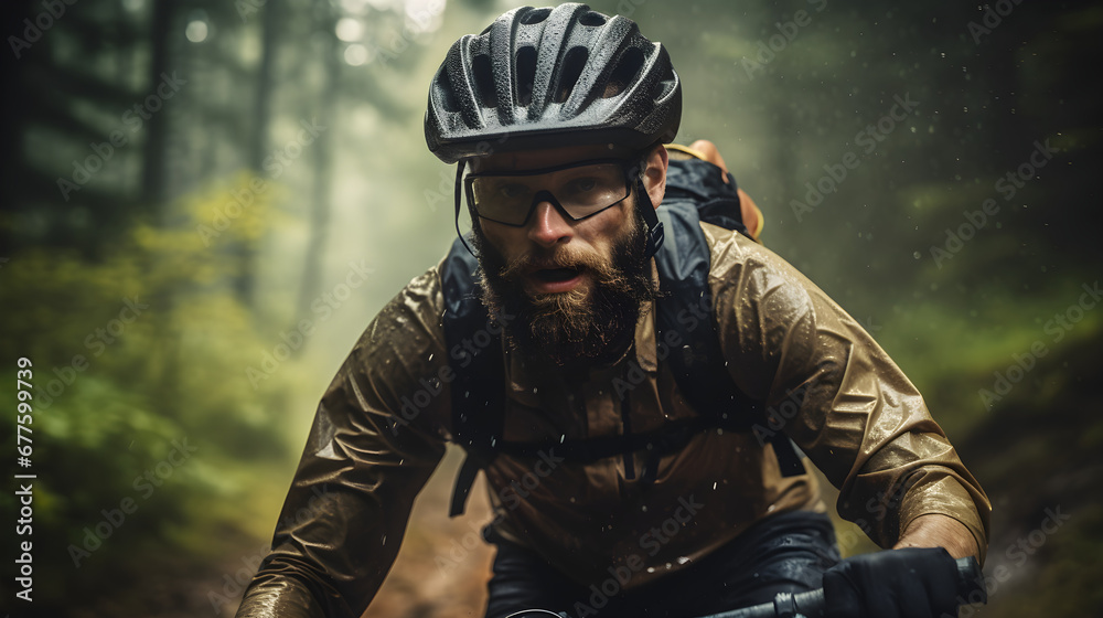 Fototapeta premium Close up Male cyclist with professional racing sports gear riding on an open road cycling route through a forest