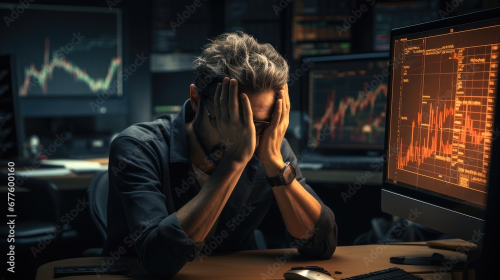 A man sitting at his desk holds his head in his hands, He is sad because Bitcoin is losing value. A man sitting at his desk holds his head in his hands, He is sad because Bitcoin is losing value.