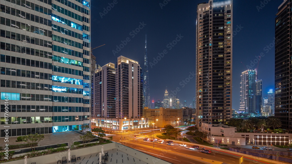 Aerial panoramic view to Dubai downtown and difc skyscrapers day to night timelapse. Aerial panoramic view to Dubai downtown and difc skyscrapers day to night timelapse.
