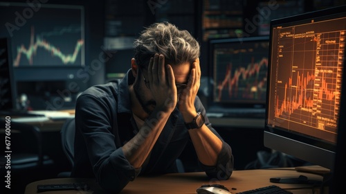 A man sitting at his desk holds his head in his hands, He is sad because Bitcoin is losing value.