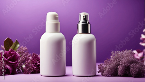 Plain white cosmetic bottle on decoration purple background. Mock up