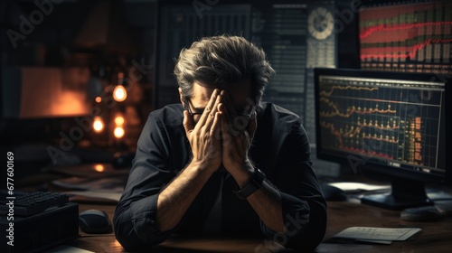 A man sitting at his desk holds his head in his hands, He is sad because Bitcoin is losing value. photo