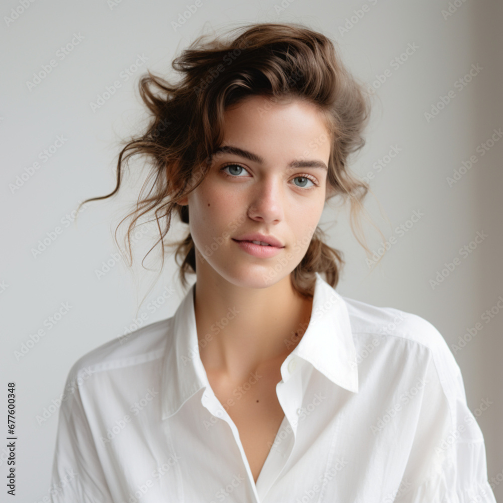 natural candid shot of a woman, sensitive skin, oily face, average woman, the woman is wearing modern clothing in white and neutral colors high contrast, soke shadows, light gray backgroud natural candid shot of a woman, sensitive skin, oily face, average woman, the woman is wearing modern clothing in white and neutral colors high contrast, soke shadows, light gray backgroud