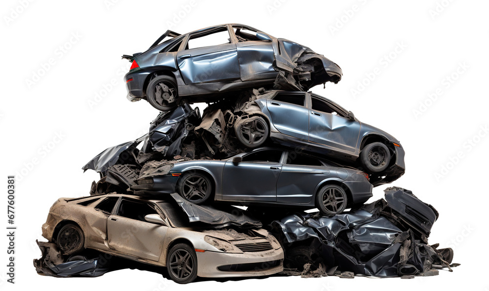 Towering pile of junk cars, cut out - obrazy, fototapety, plakaty 