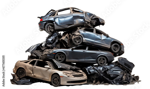 Towering pile of junk cars, cut out photo