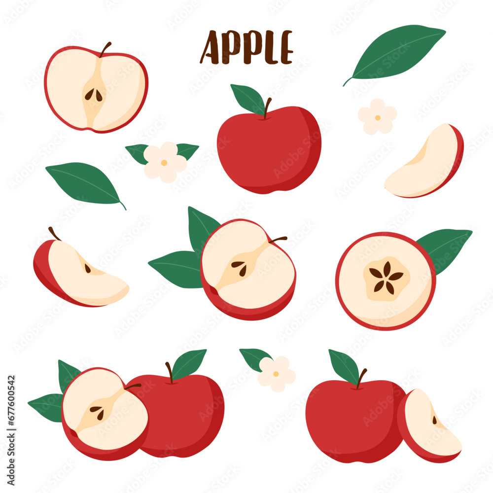 Apple whole and slices set on white background.
Apple whole and slices set on white background.