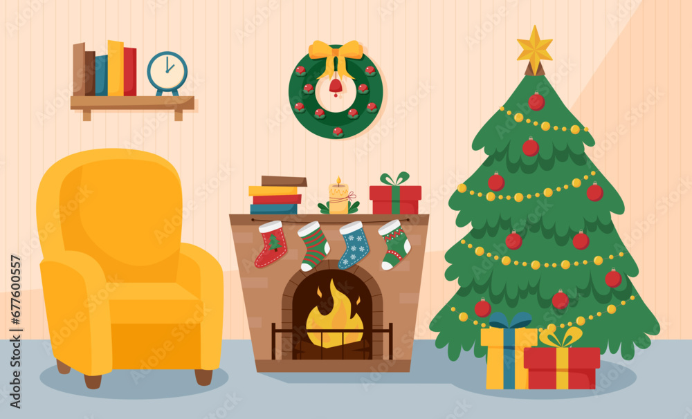 Christmas background with room interior. Christmas concept.	
