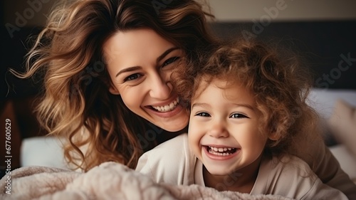 Retrato de madre joven con hija pequeña en la naturaleza otoñal al atardecer sonriendo y abrazándose.