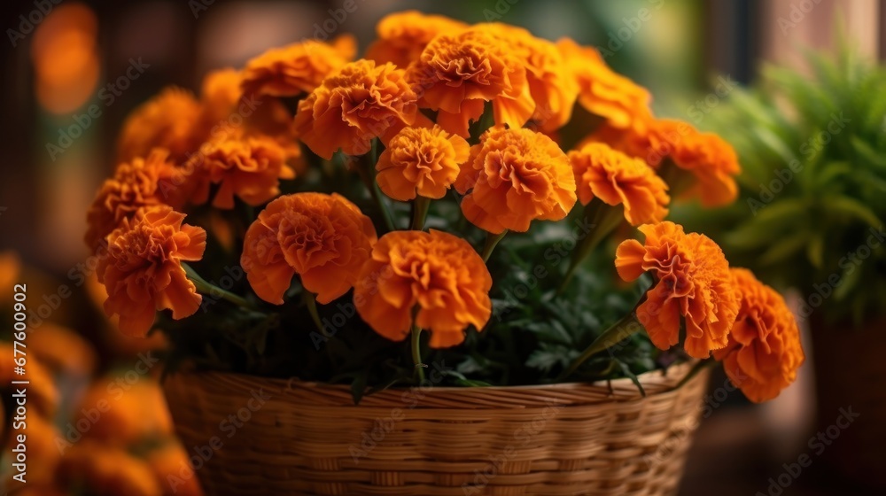 Beautiful bouquet of marigold flowers in a wicker basket. Mother's Day Concept. Valentine's Day Concept with a Copy Space. Springtime.