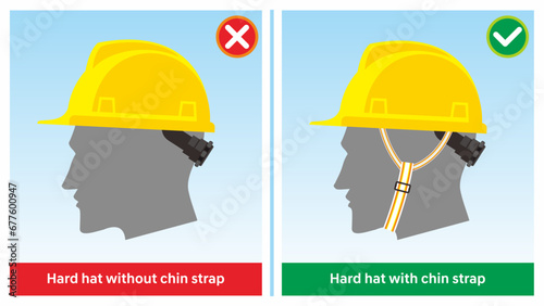 Workplace do and do not safety practice illustration. Hard hat without chin strap. Safety helmet may detached when impacted with object. Unsafe condition comparison.