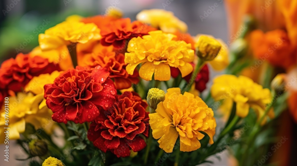 Colorful marigold flowers with water drops on blurred background. Mother's Day Concept. Valentine's Day Concept with a Copy Space. Springtime.