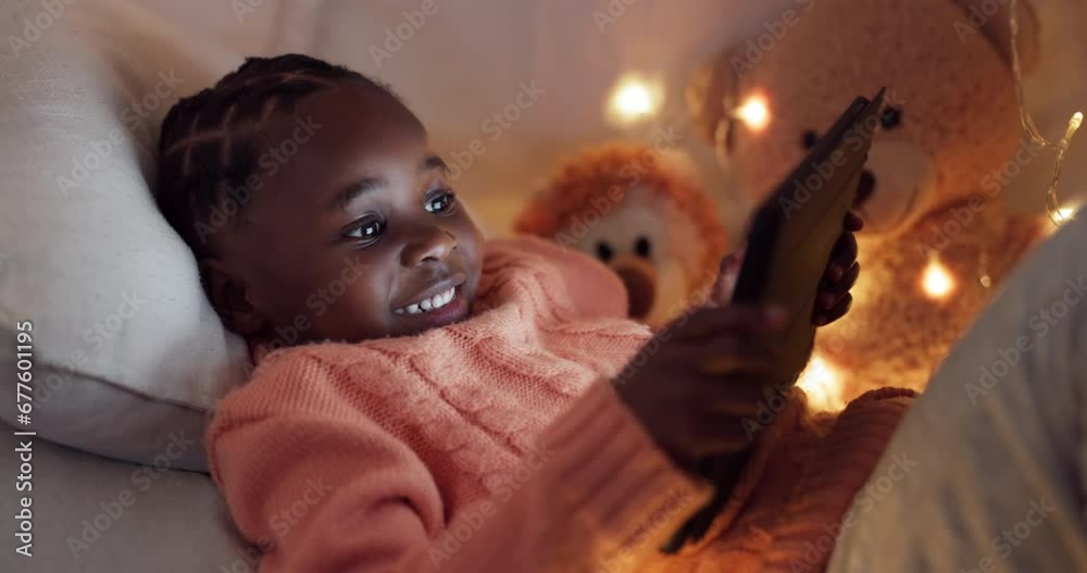 Girl, tablet and child in bedroom at night gaming with online, mobile app or typing on internet, website or social media. African kid, playing and search for games to relax on technology in home