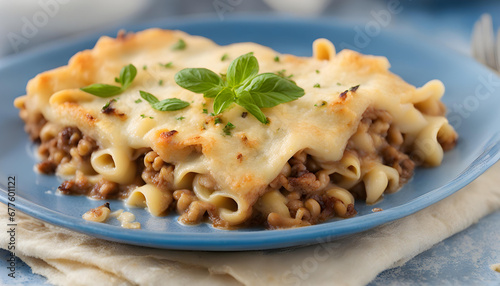 greek Pastitsio dish on a blue plate photo