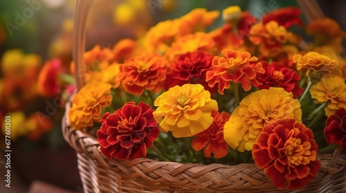 Colorful marigold flowers in the basket on the table. Mother's Day Concept. Valentine's Day Concept with a Copy Space. Springtime. photo