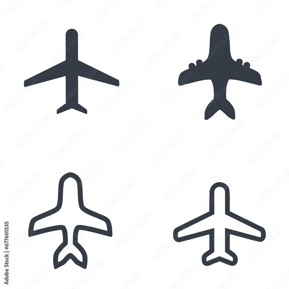 Airliner icon set - airport sign airplane shapes. Transparent PNG illustration.