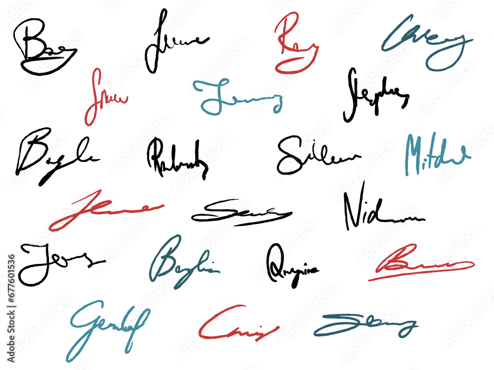 Collection of handwritten signatures. Personal contract fictitious signature set. Transparent PNG illustration. - obrazy, fototapety, plakaty 