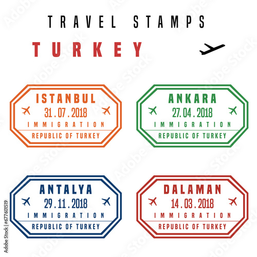 Travel PNG - passport stamps set (fictitious stamps). Turkey destinations: Istanbul, Ankara, Antalya and Dalaman. Transparent PNG illustration.