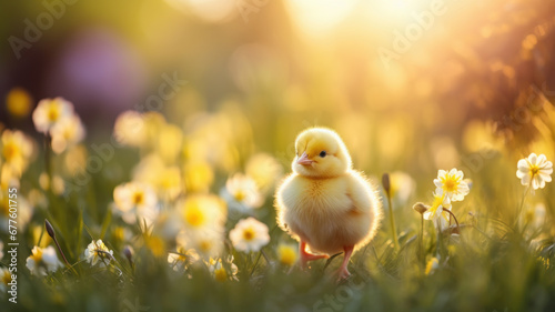 small yellow chick on field with grass and flowers photo