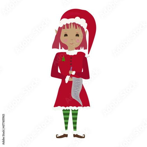 Christmas elf. Santa Claus helper. Pink hair girl. Hand drawn vector