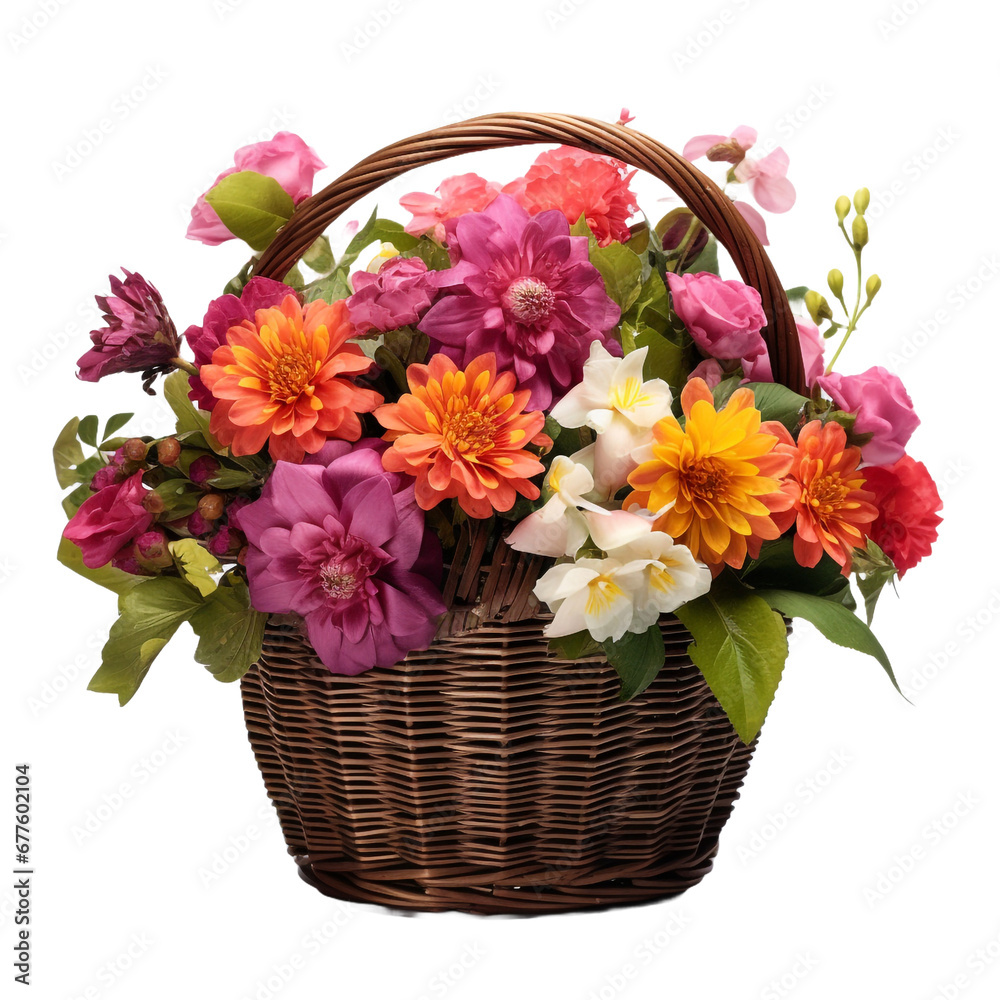 Fresh attractive flowers in wicker basket isolated on transparent background