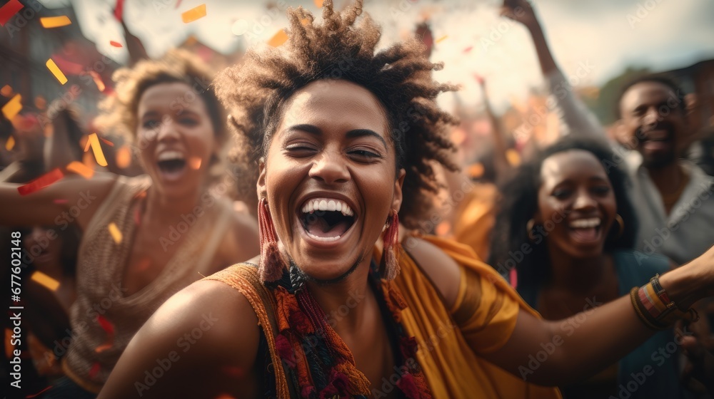 Many people dancing and celebrating at a festival. Many people dancing and celebrating at a festival.