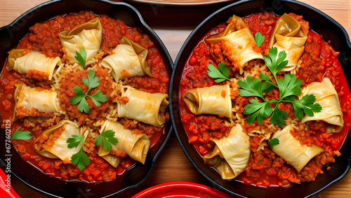 Stuffed cabbage rolls with rice and mushrooms in tomato sauce photo