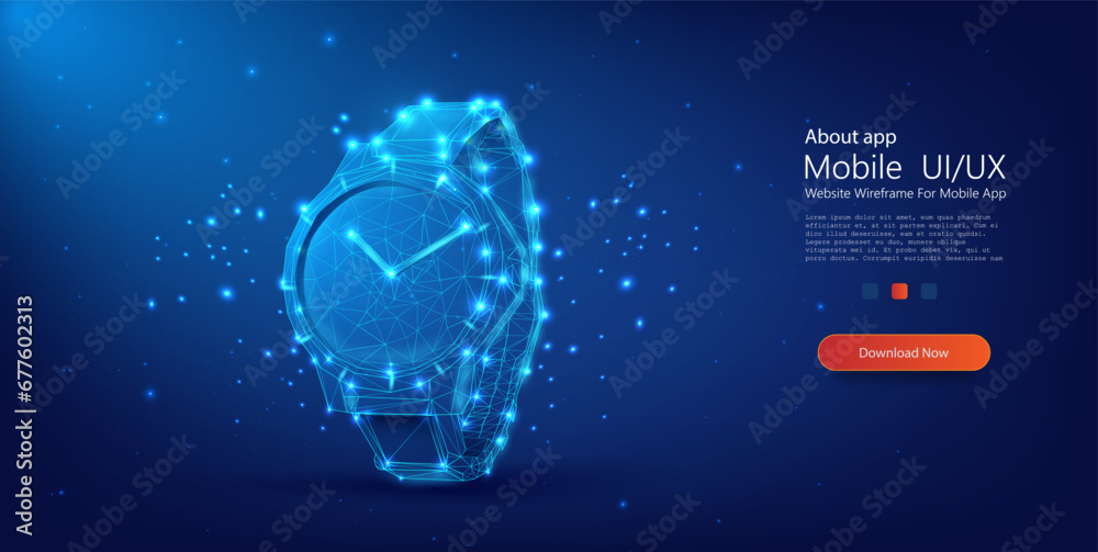 Digital wireframe smartwatch glowing in neon blue on a starry background, concept of wearable technology. Wearable gadget mobile interface banner vector Digital wireframe smartwatch glowing in neon blue on a starry background, concept of wearable technology. Wearable gadget mobile interface banner vector