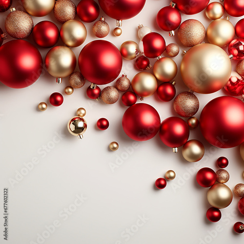 Christmas background with red and gold baubles. 3d render