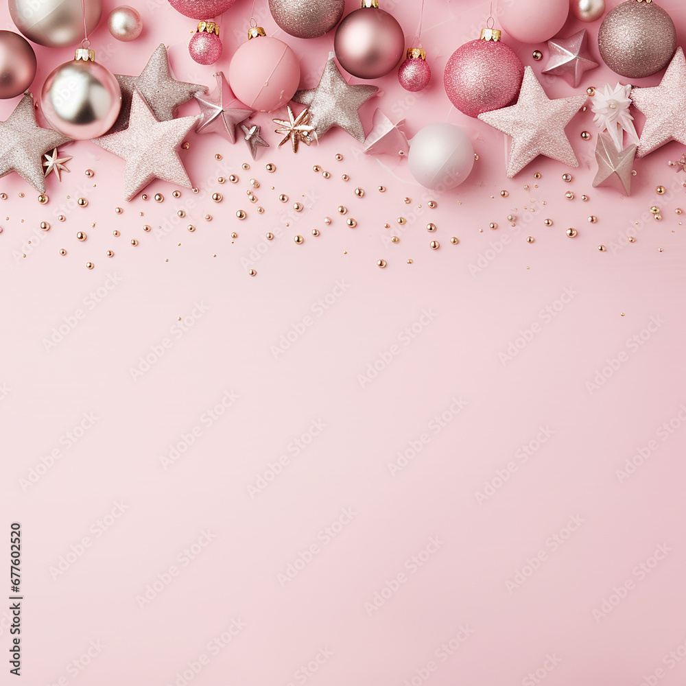 Christmas background with pink and silver baubles and stars on pastel pink background Christmas background with pink and silver baubles and stars on pastel pink background