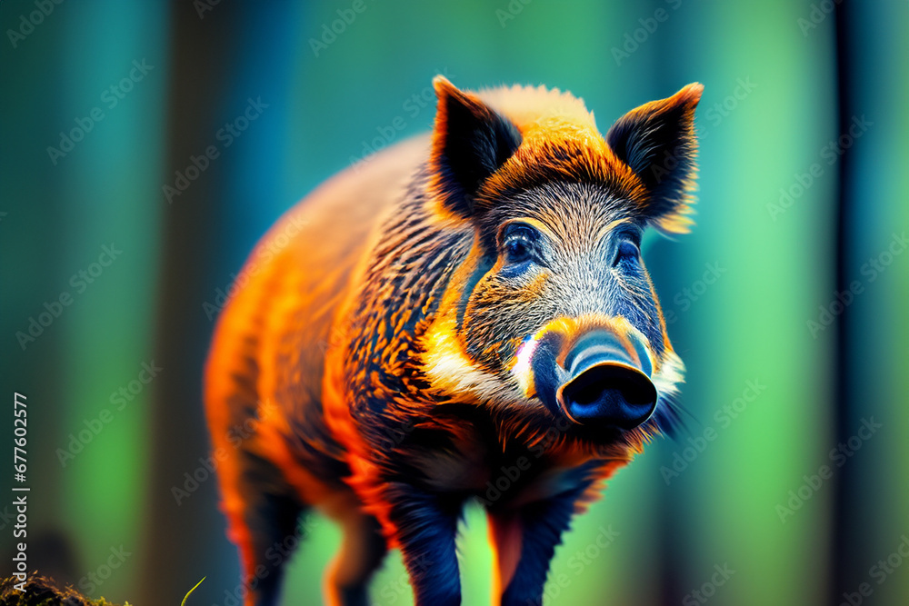 Wildschwein Keiler Bache orange rot leuchtend Portrait vor einem unscharfen Hintergrund aus Wald, wildlebende Tiere aus Europa, Amerika und Asien - obrazy, fototapety, plakaty 