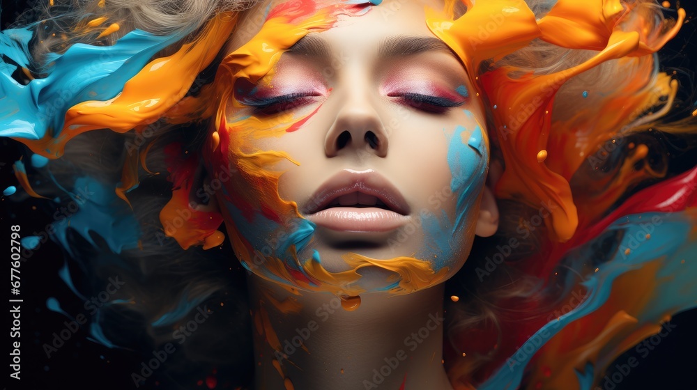 illustration of colorful paint splashing on face of woman. illustration of colorful paint splashing on face of woman.