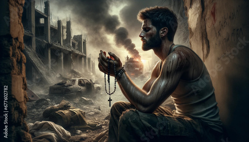 Amidst Destruction from War: A Soldier's Rosary Prayer for Peace in a Chaotic World.