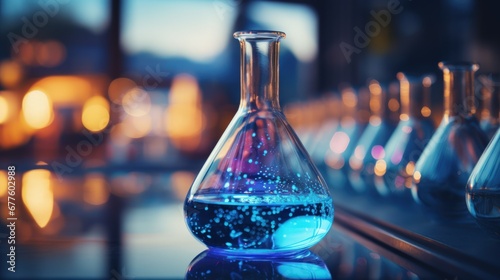 Close-up of blue glass flask standing in laboratory desk. Scientific chemistry research. Generative AI
