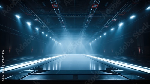 Empty stage design, Techno, Cyberpunk, High-tech, Studio lighting.