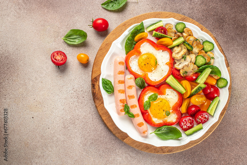 Breakfast set. fried eggs with sausages, mushrooms and vegetables on a light background banner, menu, recipe copy space, top view