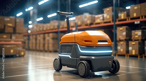 Warehouse delivery using advanced robotics and automated guided vehicles. photo