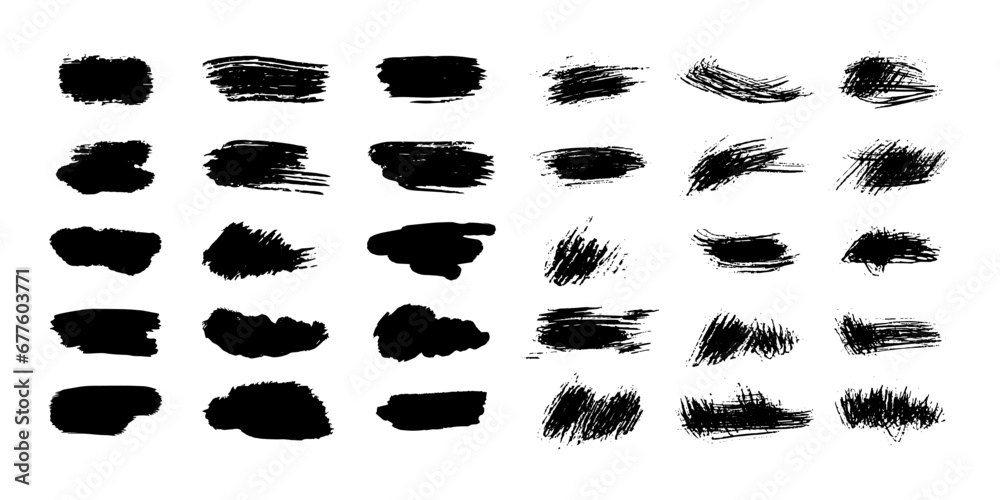 Grunge black brush strokes, paint roller elements. Set of hand drawn vector  ink splash elements.