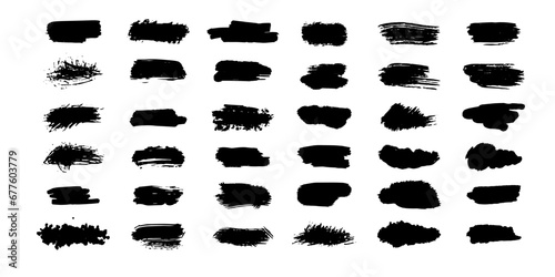 Grunge black brush strokes, paint roller elements. Set of hand drawn vector ink splash elements.