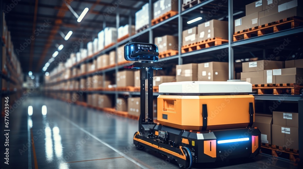 Robot forklift efficiently sorting in modern warehouse, Automated warehouse concept with automation robot work in warehouse. Robot forklift efficiently sorting in modern warehouse, Automated warehouse concept with automation robot work in warehouse.