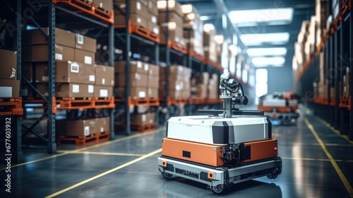 Robot forklift efficiently sorting in modern warehouse, Automated warehouse concept with automation robot work in warehouse. © visoot