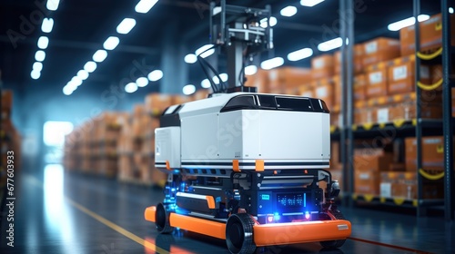 Robot forklift efficiently sorting in modern warehouse, Automated warehouse concept with automation robot work in warehouse. photo