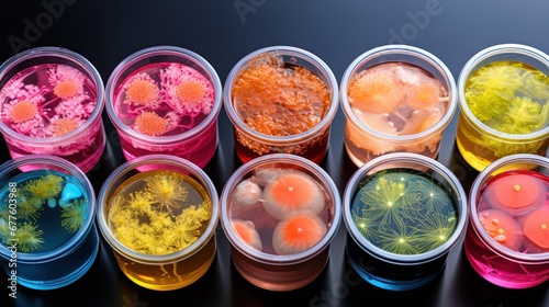 Futuristic Petri dishes with various colonies of bacteria. Microbiology concept. Top view. Generative AI