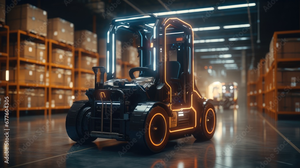 Futuristic Autonomous Forklift Drives on the Warehouse with Sensors Scanning Surrounding, Special Effects of Self Driving Forklift.