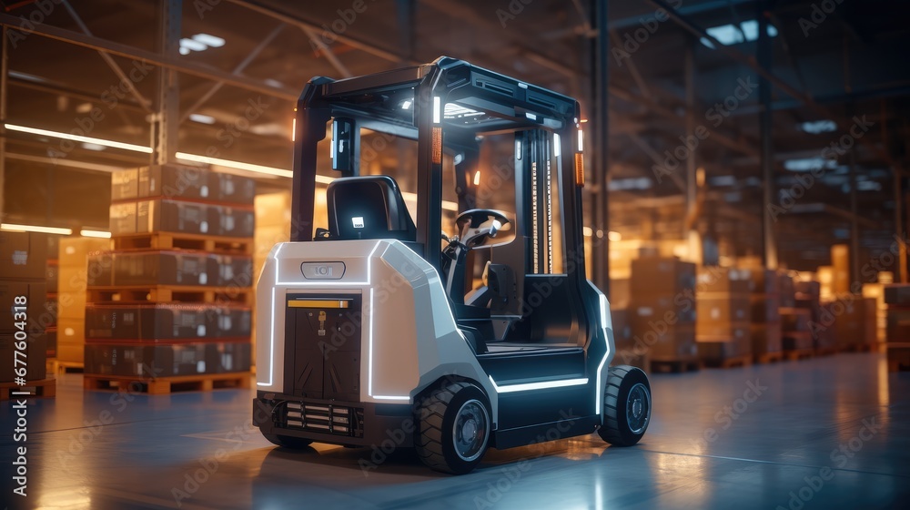 Futuristic Autonomous Forklift Drives on the Warehouse with Sensors Scanning Surrounding, Special Effects of Self Driving Forklift.