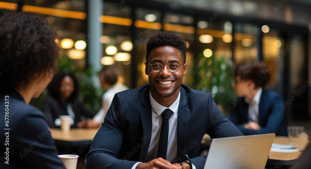 Attractive young African confident businessman sitting at an office desk with a group of colleagues in the background.