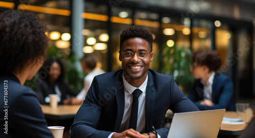 Attractive young African confident businessman sitting at an office desk with a group of colleagues in the background.