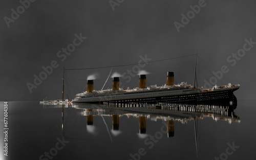 Sinking steamer steam boat at night 3D render image in HDR