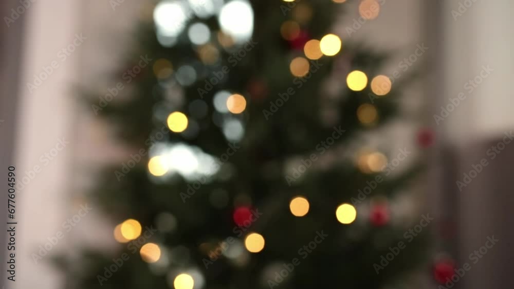 Partial view of feet in colorful wool socks against Christmas tree background. Partial view of feet in colorful wool socks against Christmas tree background.
