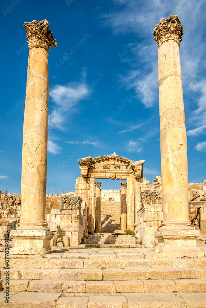 View at the Nymphaeum at Maximus street in Archaeological complex of Jerash in Jordan