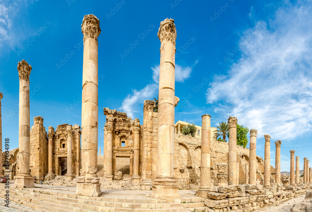 View at the Columns with Nymphaeum in Archaeological complex of Jerash in Jordan